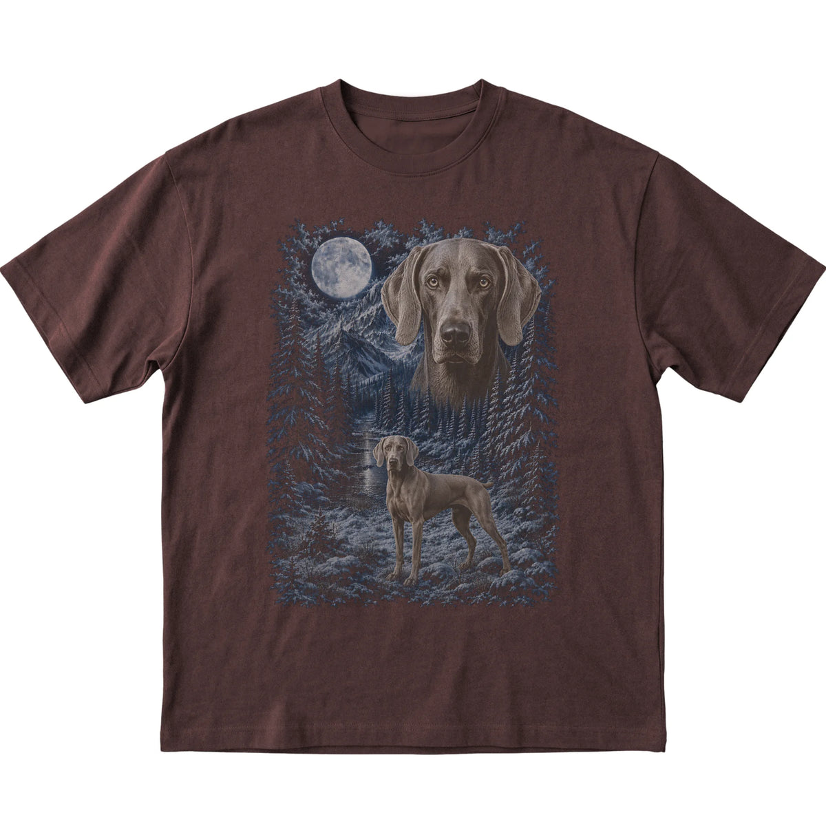 dark chocolate T-shirt with Weimaraner Winter Moon artwork.