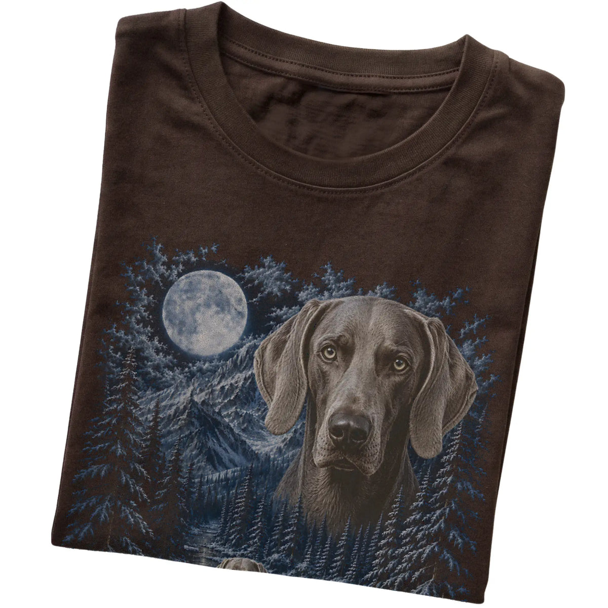 Folded dark chocolate T-shirt with Weimaraner Winter Moon artwork.