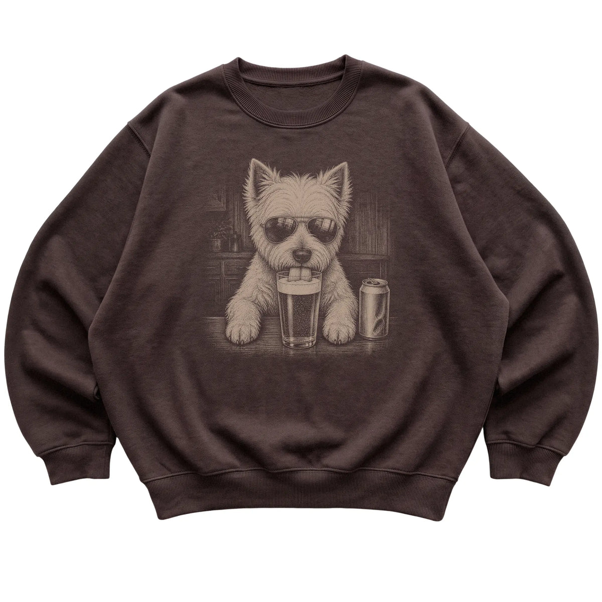 Dark Chocolate Westie drinking from a pint at a bar, laid flat