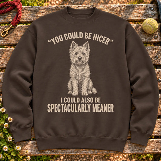 Westie Guard Dog on a Dark Chocolate crewneck sweatshirt, shown flat