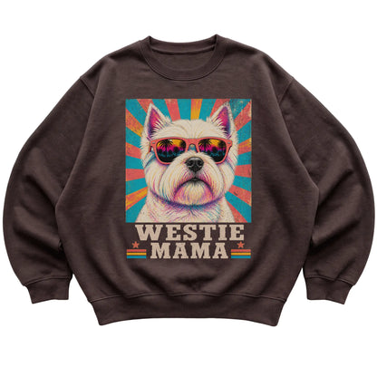 Retro Westie Mama design on a Dark Chocolate crewneck sweatshirt