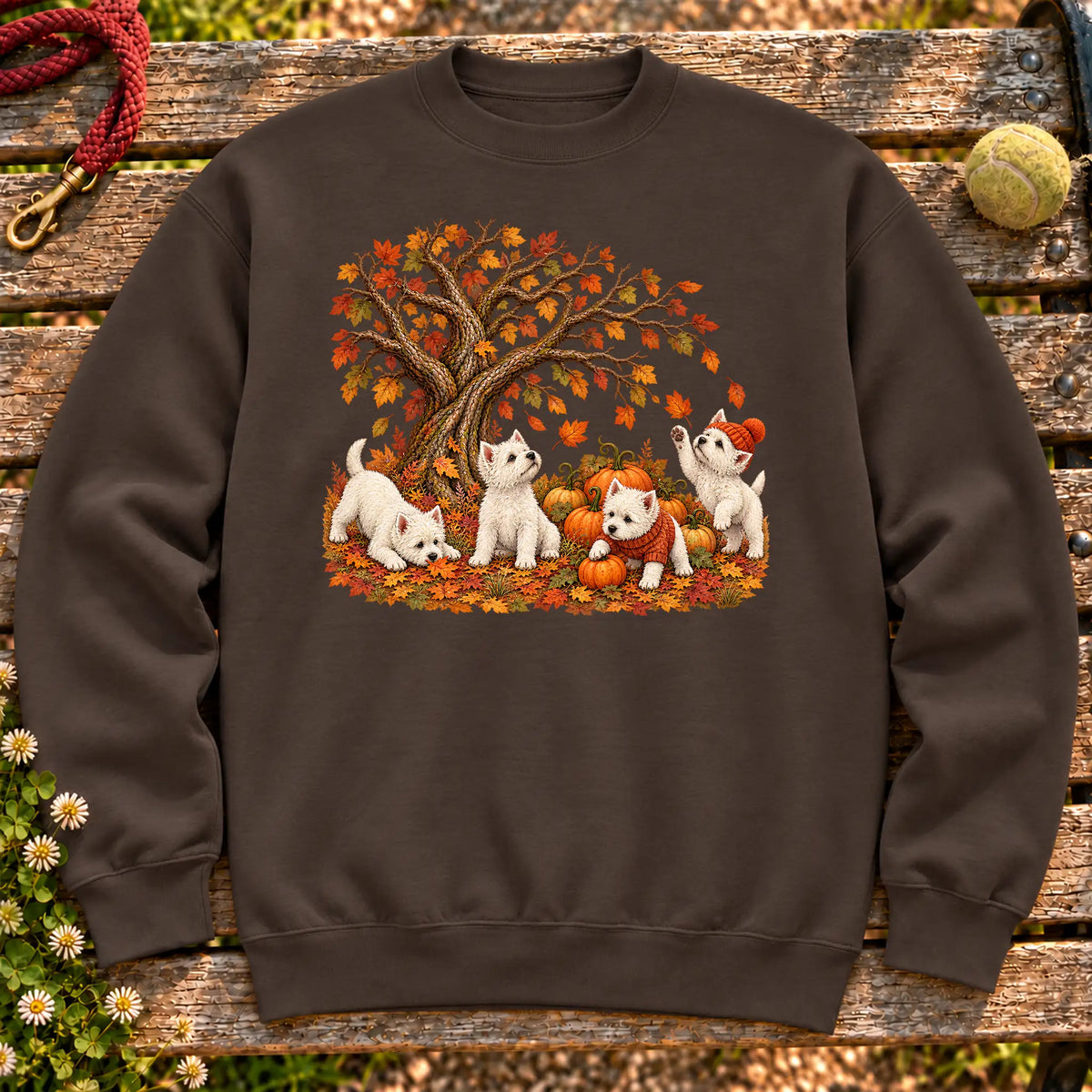 Four Westie puppies with pumpkins beneath an autumn tree on a Dark Chocolate crewneck sweatshirt