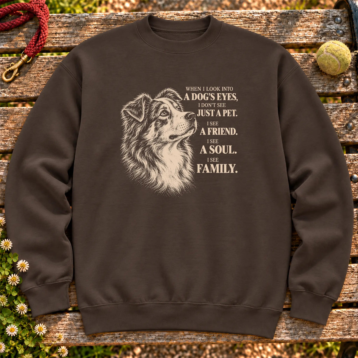 Dark Chocolate Gildan® crewneck sweatshirt featuring the Australian Shepherd More Than a Pet design.