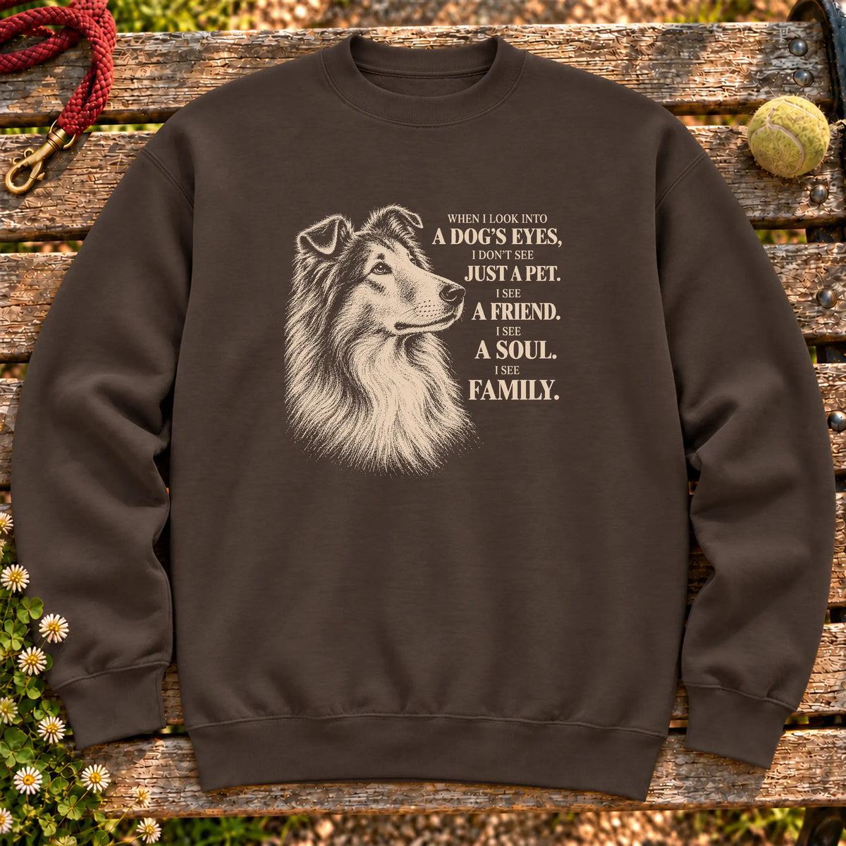Dark Chocolate Gildan® crewneck sweatshirt featuring the Collie More Than a Pet design.