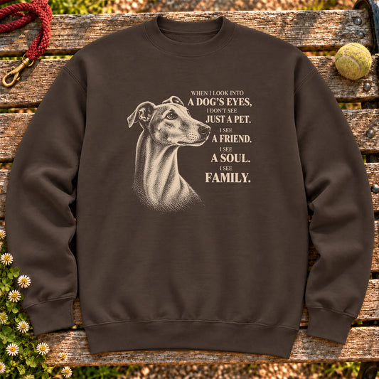 Dark Chocolate Gildan® crewneck sweatshirt featuring the Greyhound More Than a Pet design.