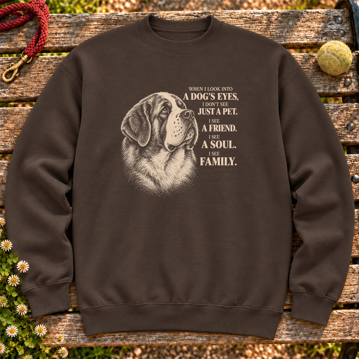 Dark Chocolate Gildan® crewneck sweatshirt featuring the Saint Bernard More Than a Pet design.
