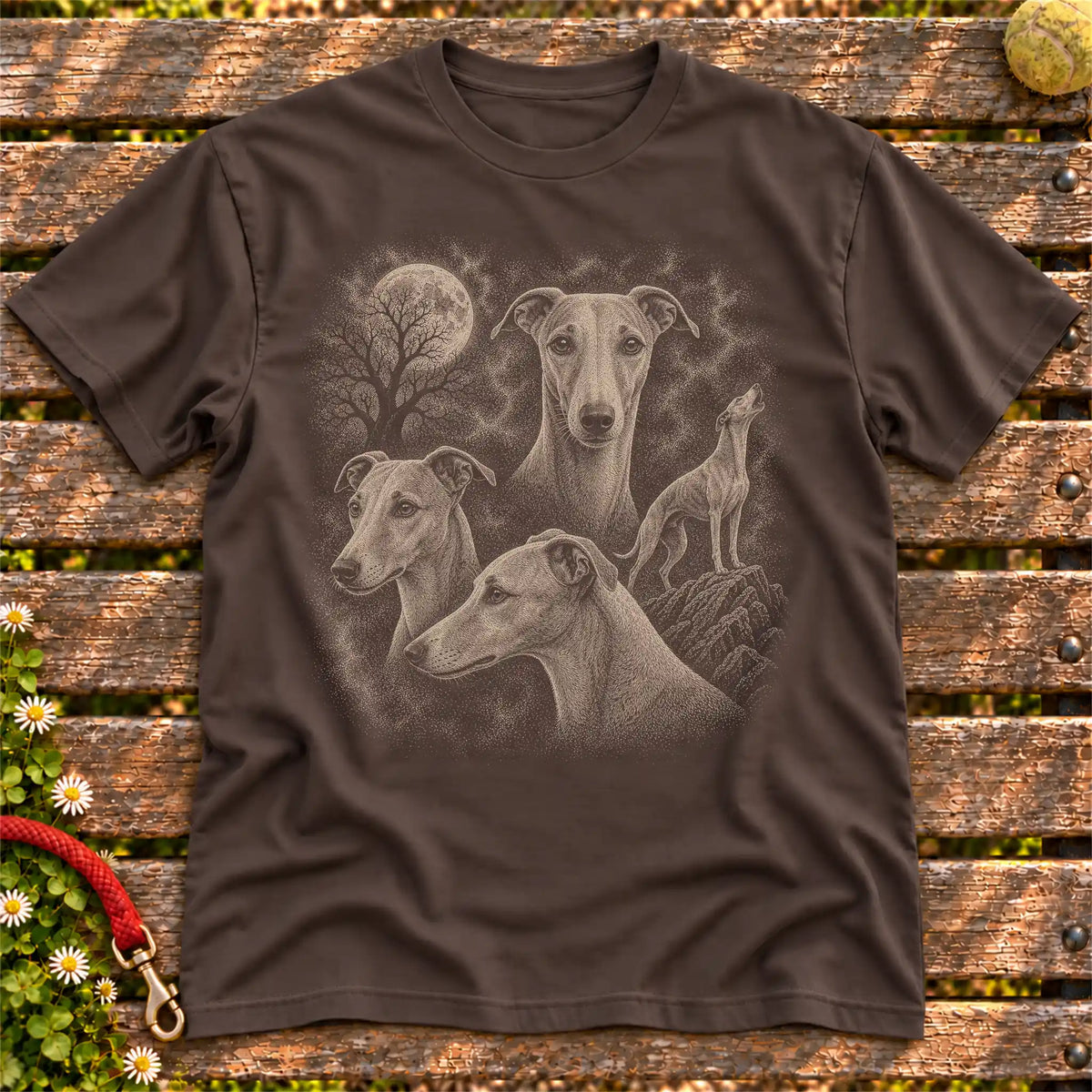 Whippet 90s Moon design on a Dark Chocolate T-shirt shown flat