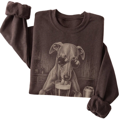 Dark Chocolate Whippet drinking from a pint at a bar, folded detail view