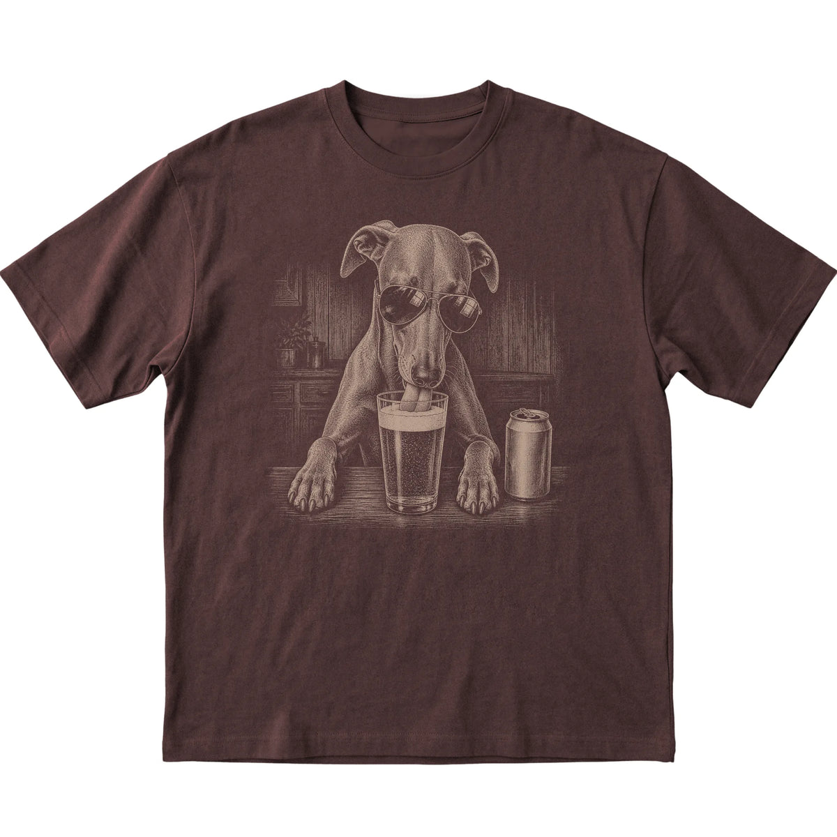 Dark Chocolate Whippet drinking from a pint at a bar, laid flat