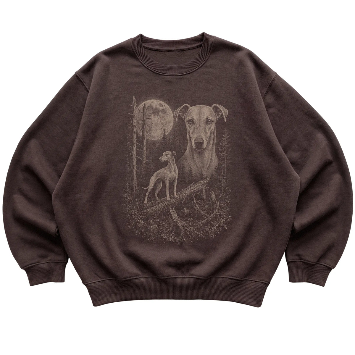 Whippet Moonlit Forest graphic on a dark chocolate crewneck sweatshirt laid flat