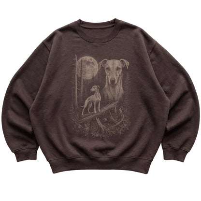 Whippet Moonlit Forest graphic on a dark chocolate crewneck sweatshirt laid flat