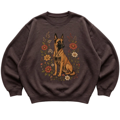 Dark Chocolate crewneck sweatshirt with Belgian Malinois portrait and wildflowers, flat lay