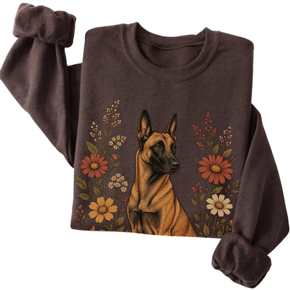 Dark Chocolate crewneck sweatshirt with Belgian Malinois portrait and wildflowers, folded view