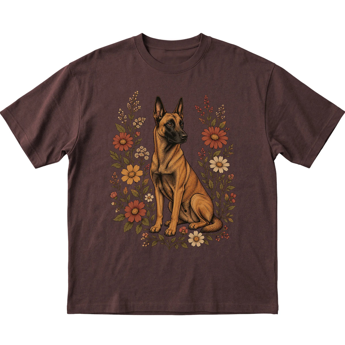 Dark Chocolate Softstyle T-shirt with Belgian Malinois portrait and wildflowers, flat lay