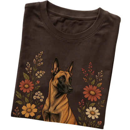 Dark Chocolate Softstyle T-shirt with Belgian Malinois portrait and wildflowers, folded view