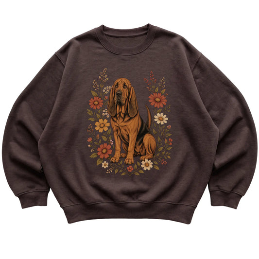 Dark Chocolate crewneck sweatshirt with Bloodhound portrait and wildflowers, flat lay