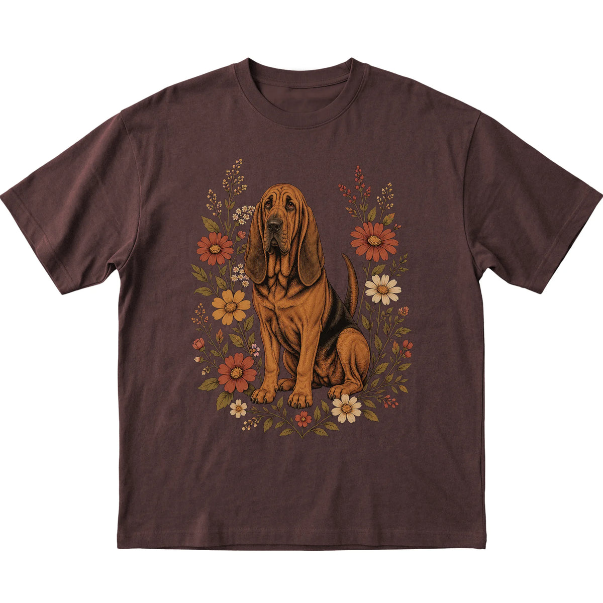 Dark Chocolate Softstyle T-shirt with Bloodhound portrait and wildflowers, flat lay