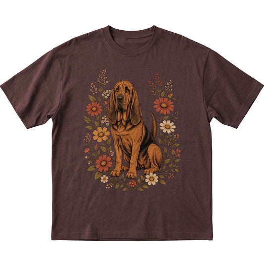 Dark Chocolate Softstyle T-shirt with Bloodhound portrait and wildflowers, flat lay