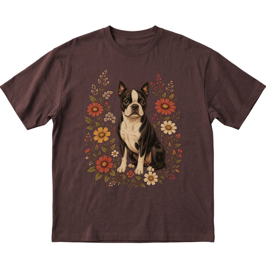 Dark Chocolate Softstyle T-shirt with Boston Terrier portrait and wildflowers, flat lay