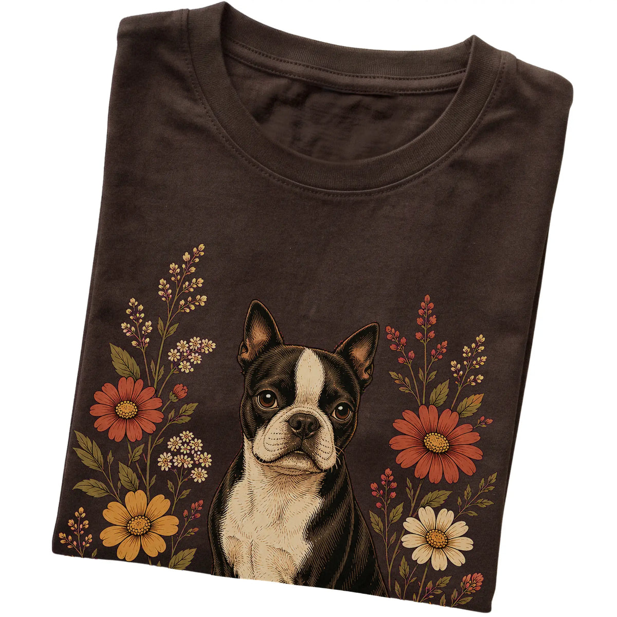 Dark Chocolate Softstyle T-shirt with Boston Terrier portrait and wildflowers, folded view