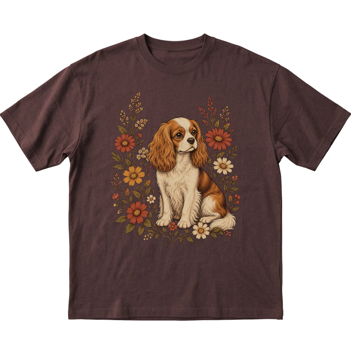 Dark Chocolate Softstyle T-shirt with Cavalier King Charles Spaniel portrait and wildflowers, flat lay