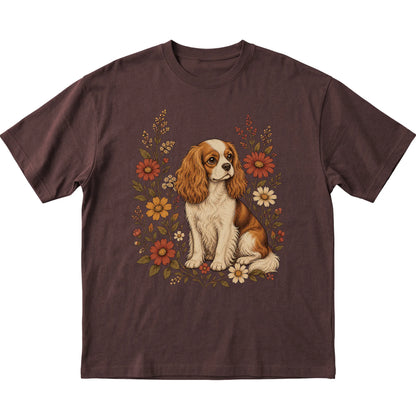 Dark Chocolate Softstyle T-shirt with Cavalier King Charles Spaniel portrait and wildflowers, flat lay