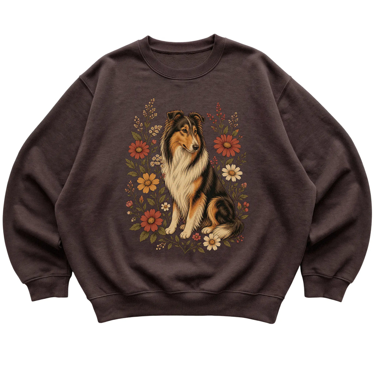 Dark Chocolate crewneck sweatshirt with Collie portrait and wildflowers, flat lay