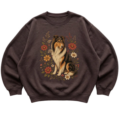 Dark Chocolate crewneck sweatshirt with Collie portrait and wildflowers, flat lay