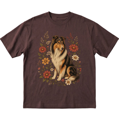 Dark Chocolate Softstyle T-shirt with Collie portrait and wildflowers, flat lay