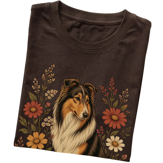 Dark Chocolate Softstyle T-shirt with Collie portrait and wildflowers, folded view