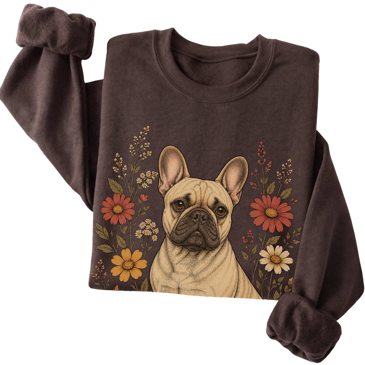 Dark Chocolate crewneck sweatshirt with French Bulldog portrait and wildflowers, folded view