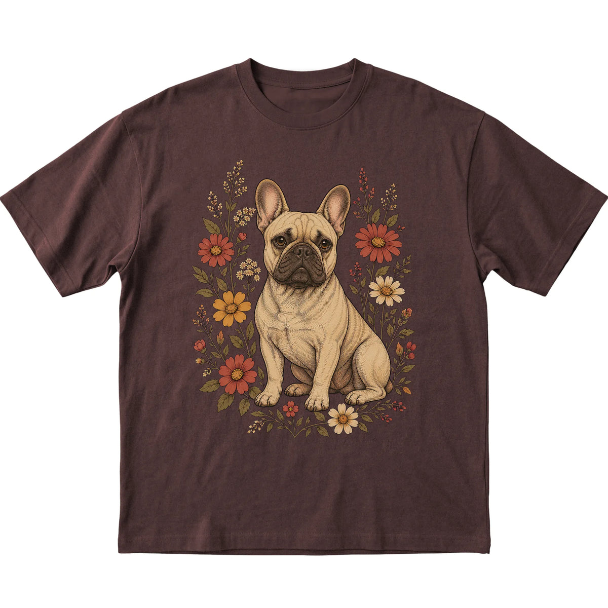 Dark Chocolate Softstyle T-shirt with French Bulldog portrait and wildflowers, flat lay