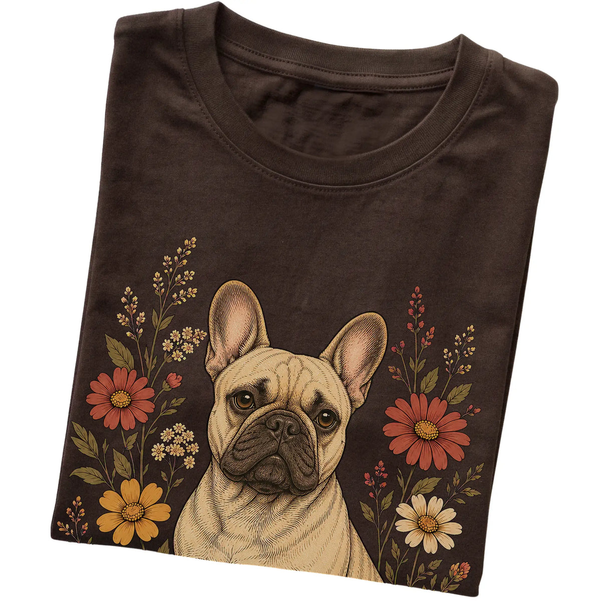 Dark Chocolate Softstyle T-shirt with French Bulldog portrait and wildflowers, folded view