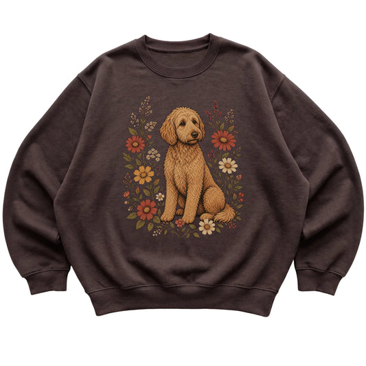 Dark Chocolate crewneck sweatshirt with Goldendoodle portrait and wildflowers, flat lay