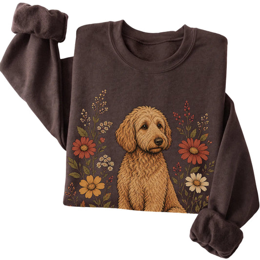 Dark Chocolate crewneck sweatshirt with Goldendoodle portrait and wildflowers, folded view