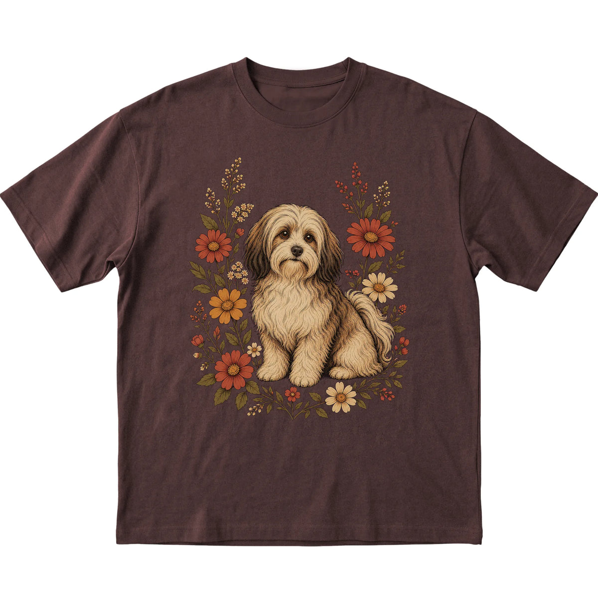 Dark Chocolate Softstyle T-shirt with Havanese portrait and wildflowers, flat lay