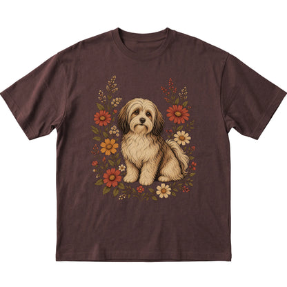 Dark Chocolate Softstyle T-shirt with Havanese portrait and wildflowers, flat lay