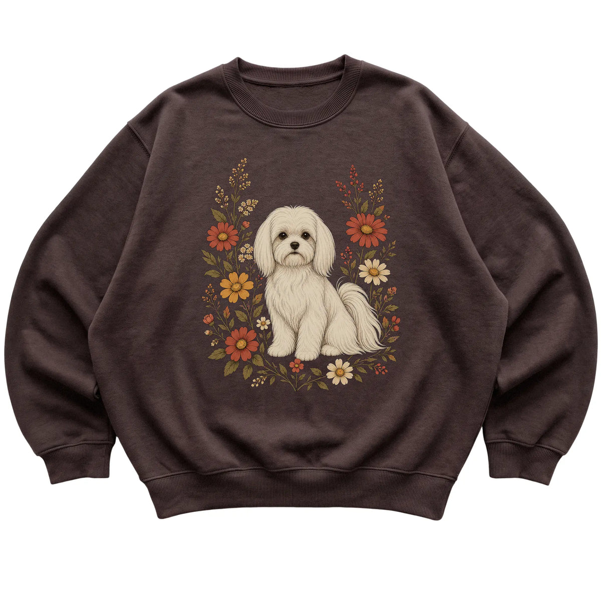 Dark Chocolate crewneck sweatshirt with Maltese portrait and wildflowers, flat lay