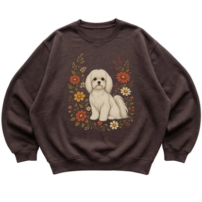 Dark Chocolate crewneck sweatshirt with Maltese portrait and wildflowers, flat lay