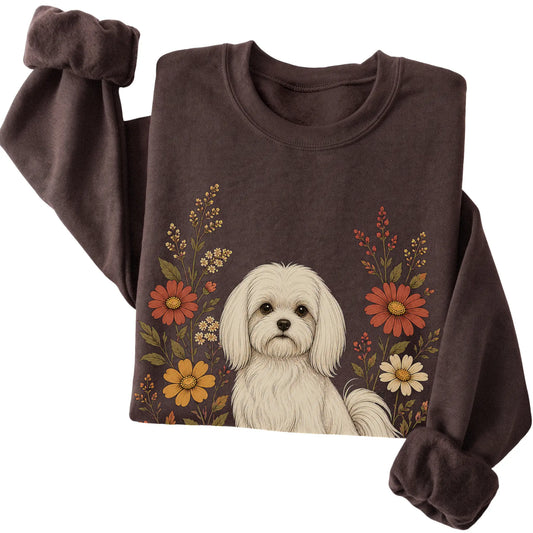 Dark Chocolate crewneck sweatshirt with Maltese portrait and wildflowers, folded view