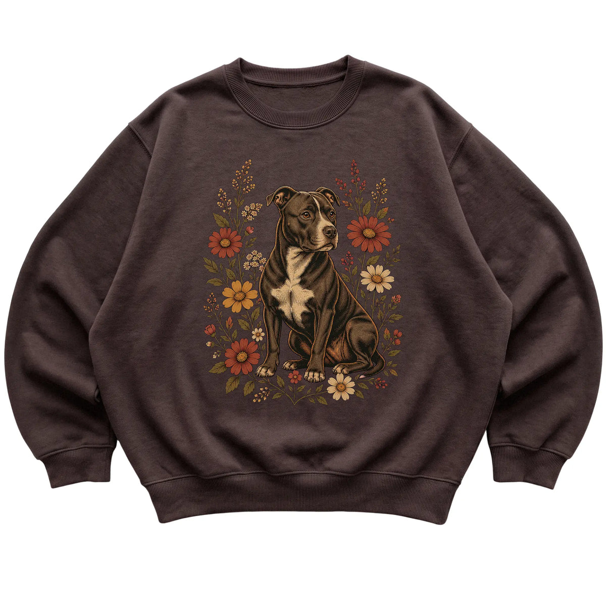 Dark Chocolate crewneck sweatshirt with Pitbull portrait and wildflowers, flat lay