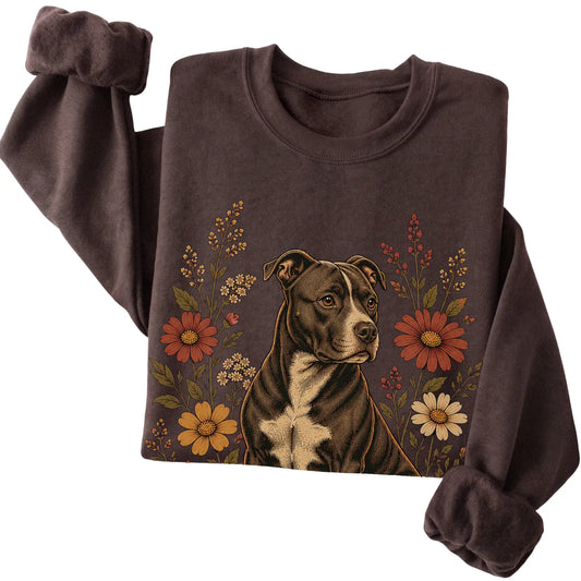 Dark Chocolate crewneck sweatshirt with Pitbull portrait and wildflowers, folded view