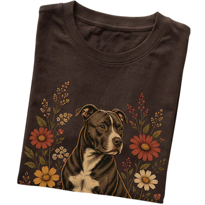 Dark Chocolate Softstyle T-shirt with Pitbull portrait and wildflowers, folded view