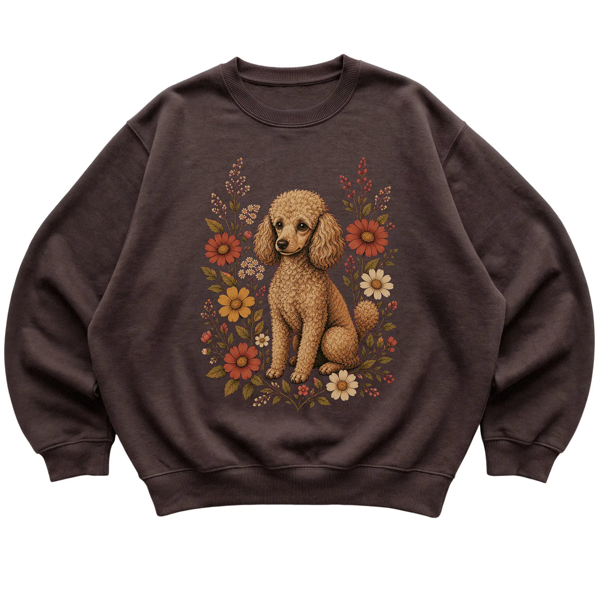 Dark Chocolate crewneck sweatshirt with Poodle portrait and wildflowers, flat lay