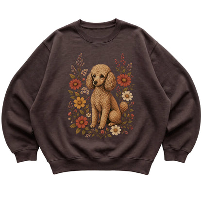 Dark Chocolate crewneck sweatshirt with Poodle portrait and wildflowers, flat lay