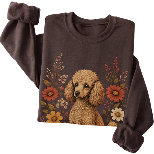 Dark Chocolate crewneck sweatshirt with Poodle portrait and wildflowers, folded view