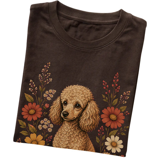 Dark Chocolate Softstyle T-shirt with Poodle portrait and wildflowers, folded view
