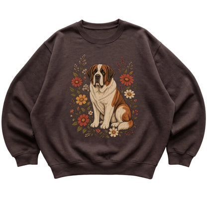 Dark Chocolate crewneck sweatshirt with Saint Bernard portrait and wildflowers, flat lay