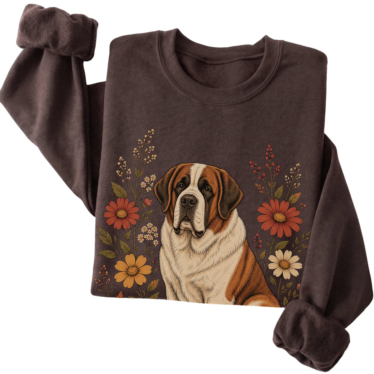 Dark Chocolate crewneck sweatshirt with Saint Bernard portrait and wildflowers, folded view