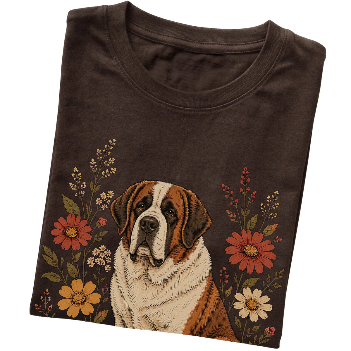 Dark Chocolate Softstyle T-shirt with Saint Bernard portrait and wildflowers, folded view